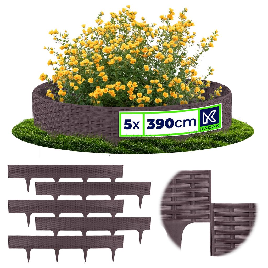 KADAX Rasenkante 78 cm, 5 Stück, Beeteinfassung in Rattanoptik, Beetumrandung aus Kunststoff, Rasenbegrenzung, Beetbegrenzung für Garten (Braun)