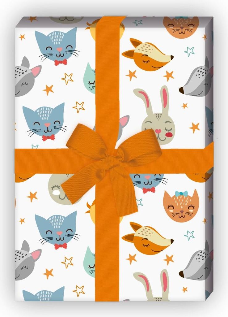 Traumhaftes Sternen Geschenkpapier mit Katzen, Hasen und Hunden, weiß - G8218, 32 x 48cm