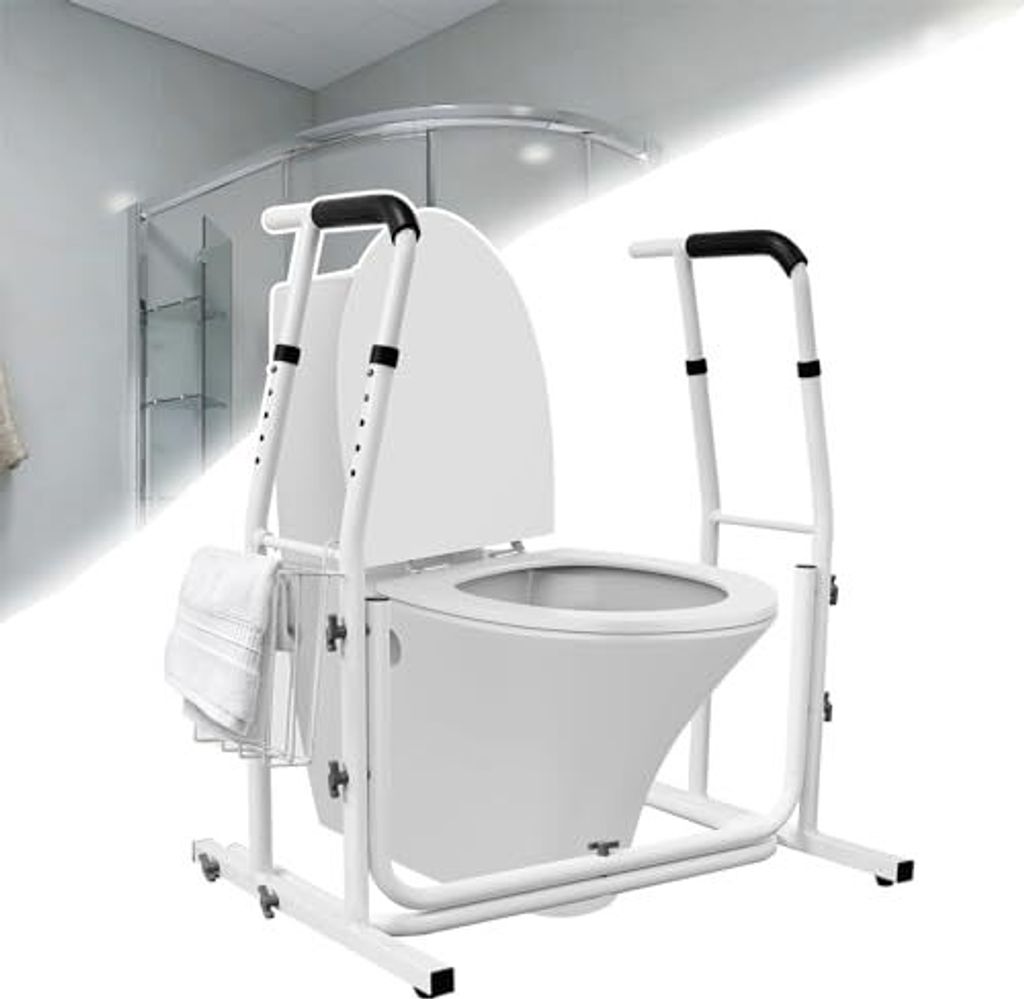 JOIEYOU Aufstehhilfe Toilette, WC Stützen Höhenverstellbar Haltegriffe ohne Bohren mit Armlehnen und Ablagekorb, Toilettenaufsatz für Senioren, ...