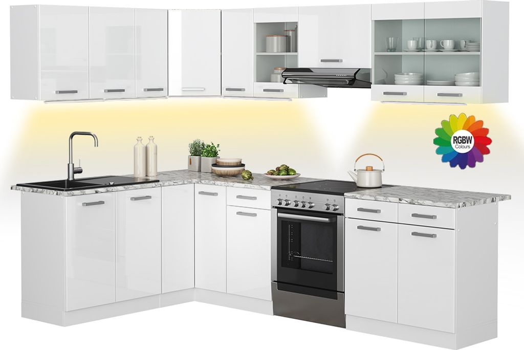 Eckküche Vicco Rick Weiß Hochglanz/Weiß 270 x 60 cm , AP Marmor mit LED-Leisten, Model 51934