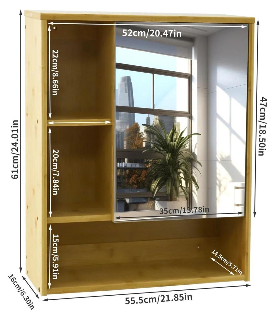 Bambus Wandschrank - Badezimmer Spiegelschrank - Wandmontage für Flur und Küche - Mit Spiegel - Verstellbarer Einlegeboden - Moderne Optik - Holz...