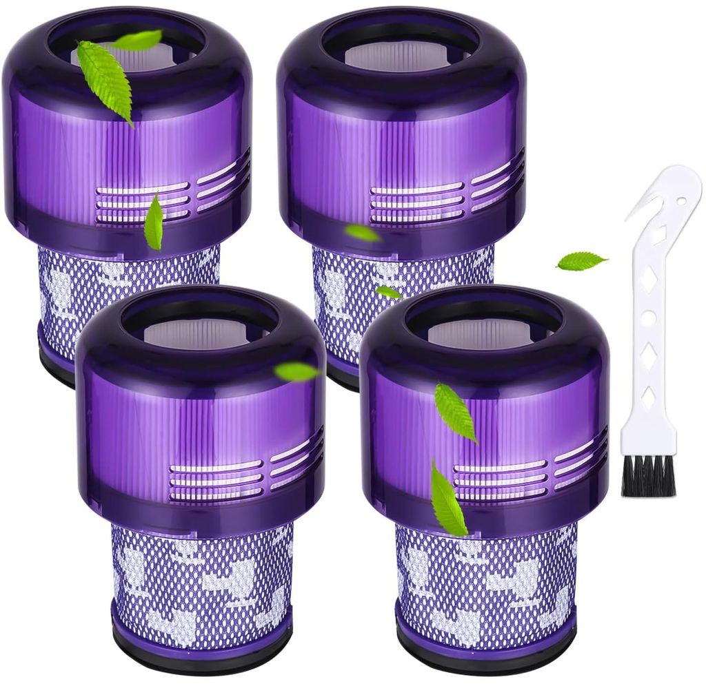 A set of four purple vacuum cleaner filters and a cleaning brush.