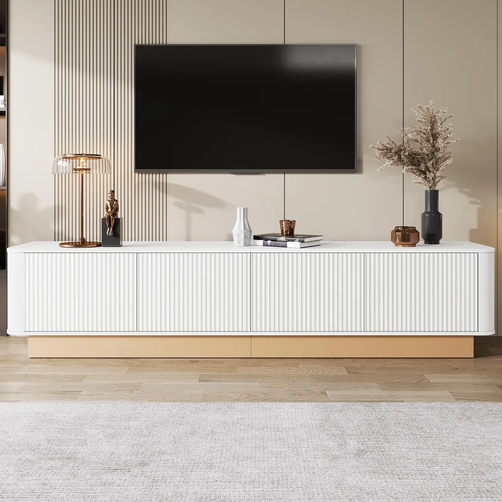 Meuble TV blanc anti-câbles visibles, rangement fermé pour salon net