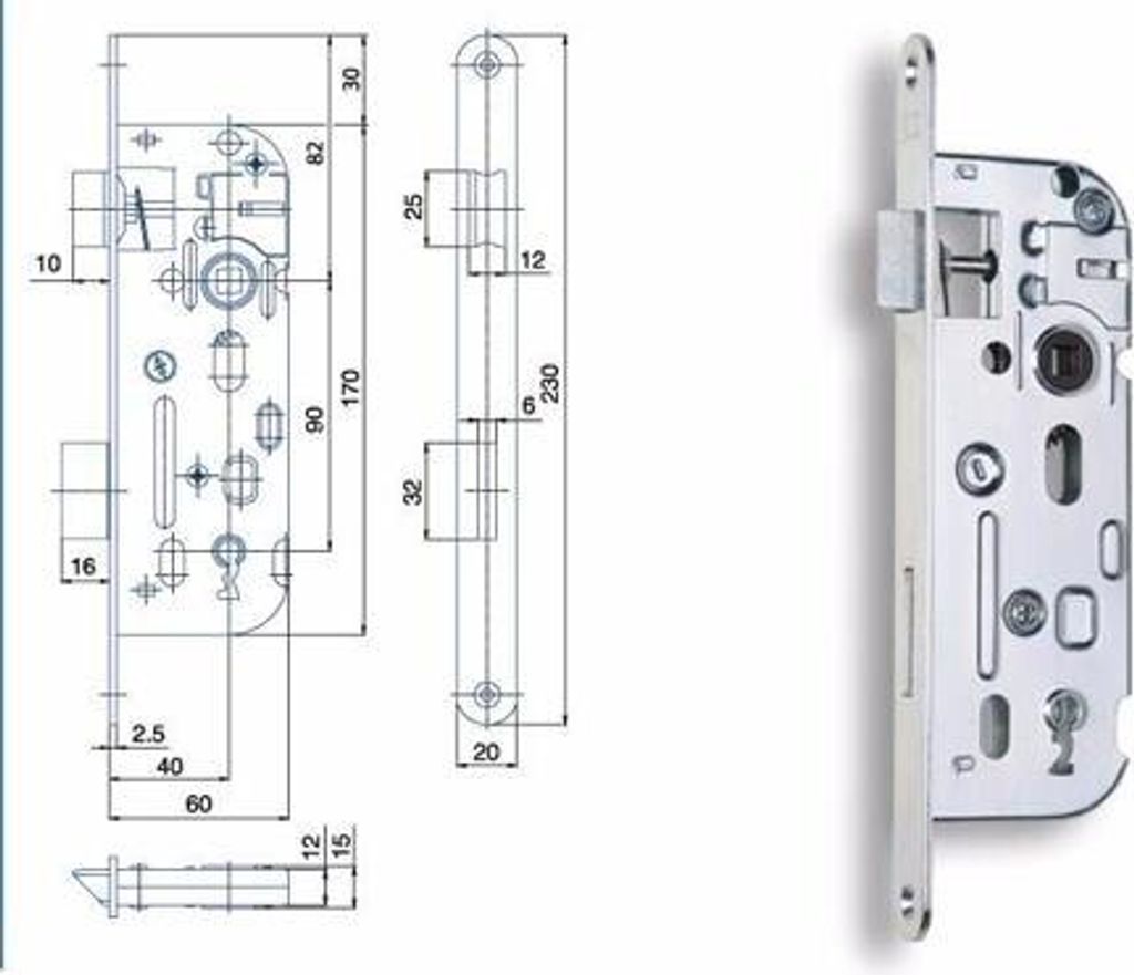 Technical drawing and photograph of a door lock mechanism.