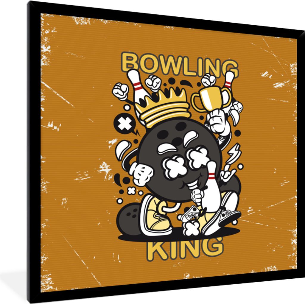 MuchoWow MuchoWow Gerahmtes Poster Vintage - Bowling - König 40x40 cm - Poster mit zchwarzem Bilderrahmen - Mit Rahmen - Wanddekoration Schlaf...