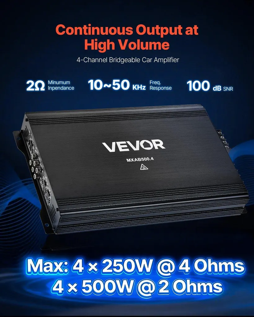 Amplificatore audio per auto, amplificatore per auto a 4 canali ponticellabile, amplificatore stereo multicanale in classe AB, max. 4 x 250 W a 4 ohm / 4 x 500 W a 2 ohm, alta potenza, per SUV, pick-up e veicoli fuoristrada - 2