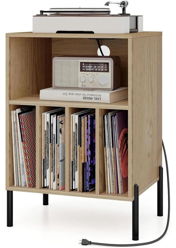 Plattenspieler Tisch - Vinyl Regal mit Ladestation - Ablage mit 4 Fächern - Metallbeine - Schallplatten Aufbewahrung - Khaki