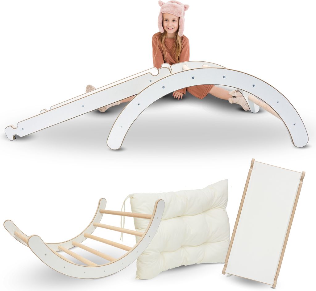 MAMOI Klettergerüst Indoor 3 in 1 SET. Montessori Kletterbogen mit Kissen, Indoor Spielplatz 1-3 Jahre und Rutsche für Kinder.