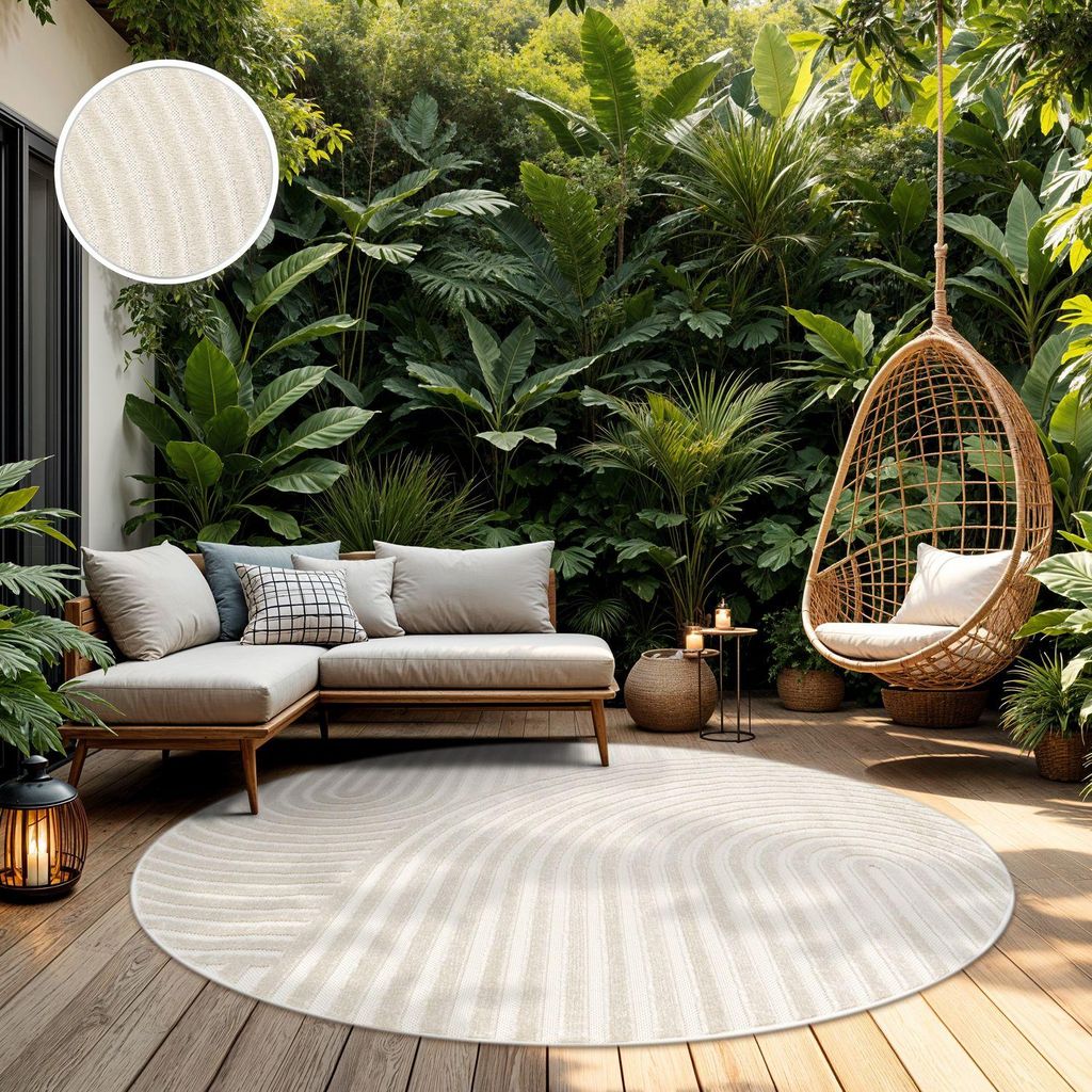 TT Home In-& Outdoorteppich Wetterfest Balkon Schlafzimmer Boho Skandi Motiv Unifarben Geometrische Optik Moderner Style Größe 160 cm Rund