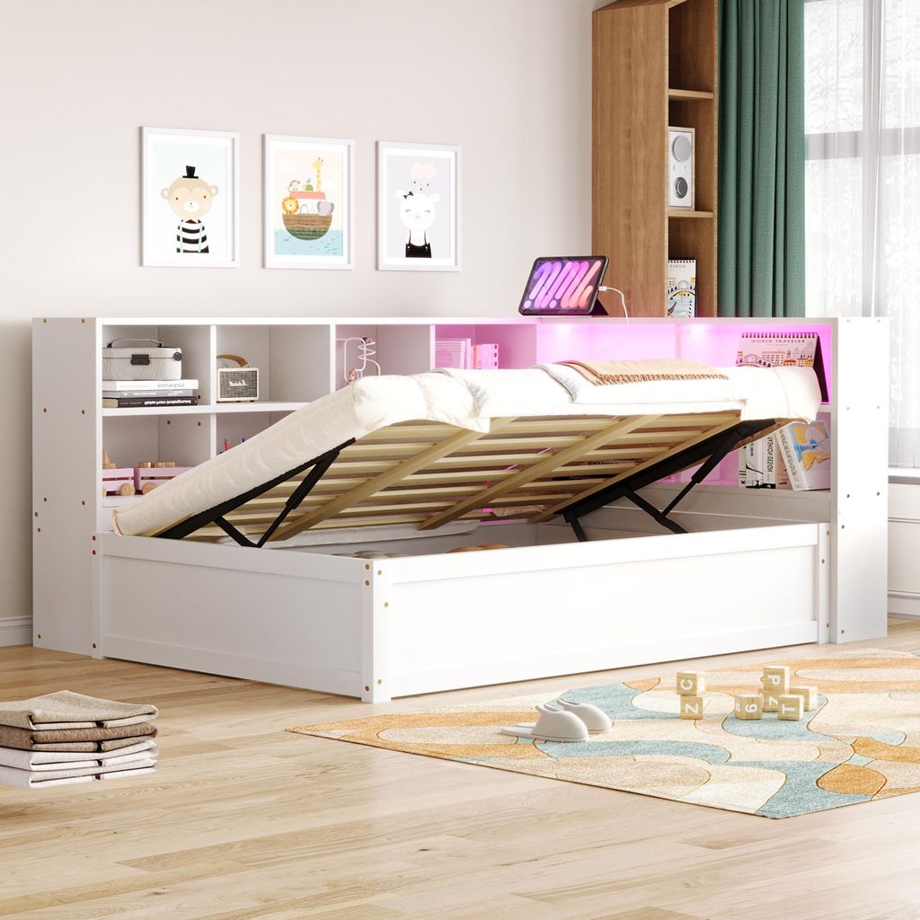 Flieks Hydraulisches Tagesbett Schlafsofa mit Stauraum, Jugendbett Einzelbett mit Led und Ladefunktion, Stauraumbett Holzbett mit Regal, Weiß