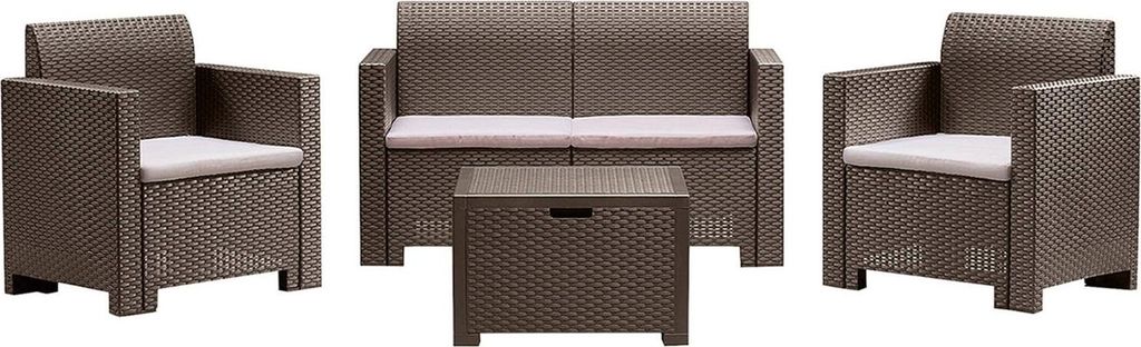 Loungeset für draußen Gazania, Outdoor-Lounge mit Couchtisch, Terrassenset mit Kissen, Gartenkomposition mit Sofa und Sesseln, Italy, Taube