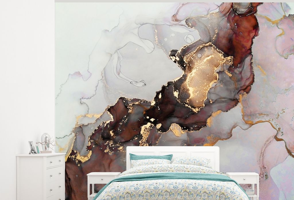 MuchoWow Fototapete für Wohnzimmer oder Schlafzimmer Wandtapete Vinyl Motivtapete Rot - Marmor - Gold - 325x260 cm - Tapete