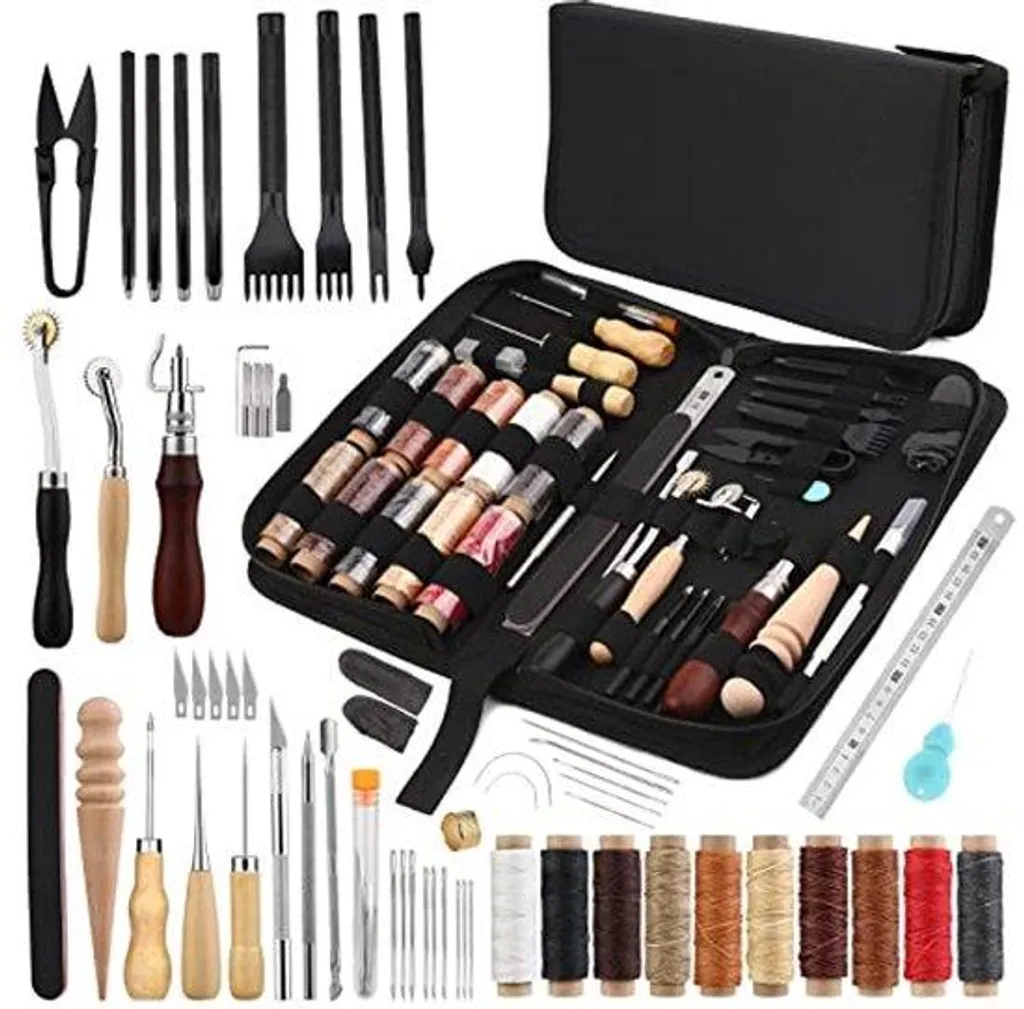 Trousse Couture Cuir 52 Accessoires : 10 Fils, Poinçon et Perforateur