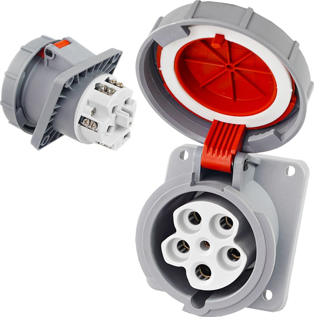 Two industrial electrical connectors are shown against a white background. One is a socket with its cover open, revealing the five-pin connection. The other is a plug, shown from the side, with its connection terminals visible.