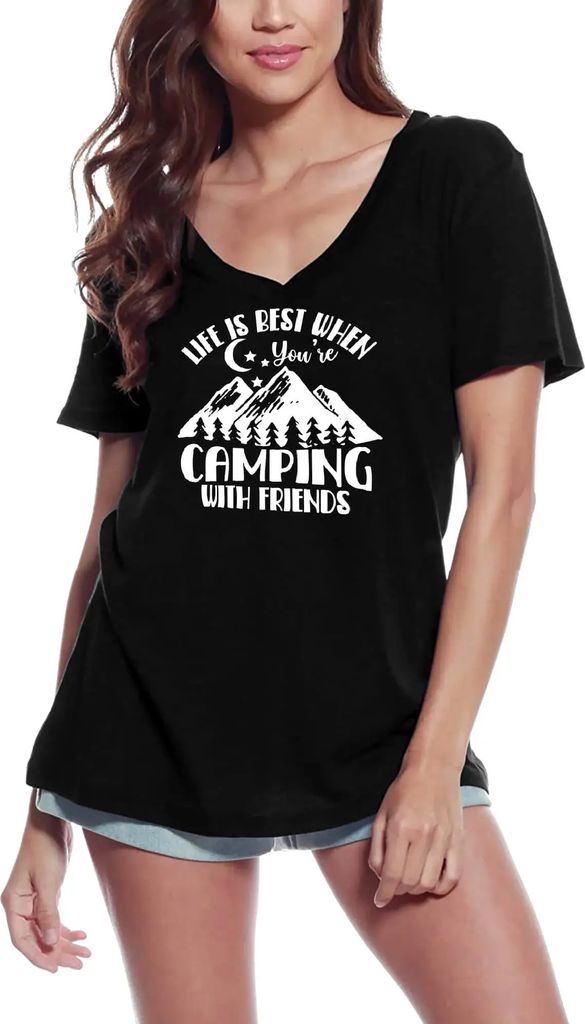 Damen Grafik T-Shirt V-Ausschnitt Das Leben ist am schönsten wenn man mit Freunden campen geht – Life Is Best When You're Camping With Friends Camp