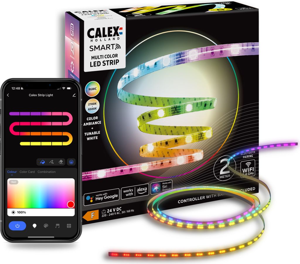 Calex Smart LED Streifen, 2 m, RGBIC-Farben, flexibel & zuschneidbar, dimmbar, WLAN App- & Sprachsteuerung, inkl. Fernbedienung