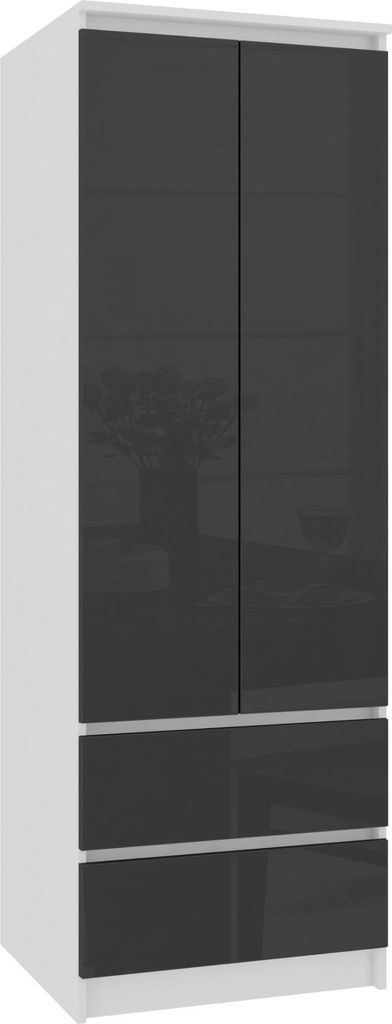 Kleiderschrank – Drehtürenschrank – Schrank 2 Türen – STAR – 60 cm – Weiß / Graphit Hochglanz – Kompakter Stauraum mit Schubladen un...