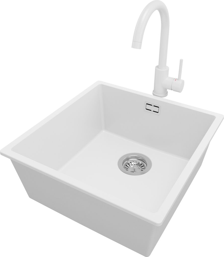PRIMAGRAN Unterbauspüle Granit Weiß 46x47cm, Spülbecken 1 Becken + Küchenarmatur 32x20cm + Ablauf-Set, Granitspüle ab 50er Unterschrank - London