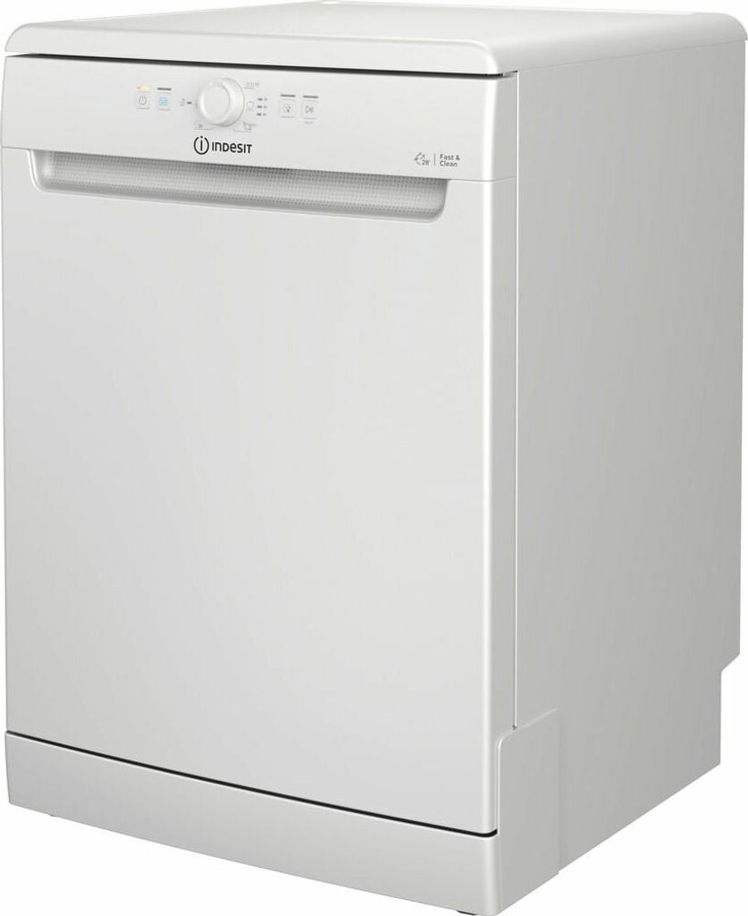 A white Indesit dishwasher is shown from a three-quarter angle against a white background.