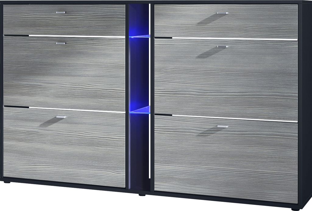 Vladon Schuhschrank Schuhkipper Today 155,5 x 95 x 28 cm, mit blauer LED Beleuchtung, Germany, Korpus in Schwarz matt, Fronten in Avola-Anthrazit