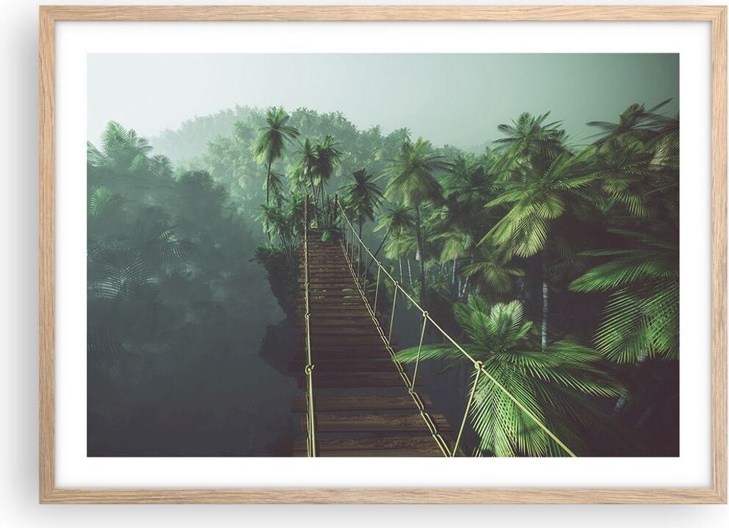 Gerahmtes Poster - Rahmen in heller Eiche - Dschungel Palme Brücke - 70x50 cm - Wand Bild - Wanddeko - Wandbilder - Wandposter - Bilderrahmen - Bi...
