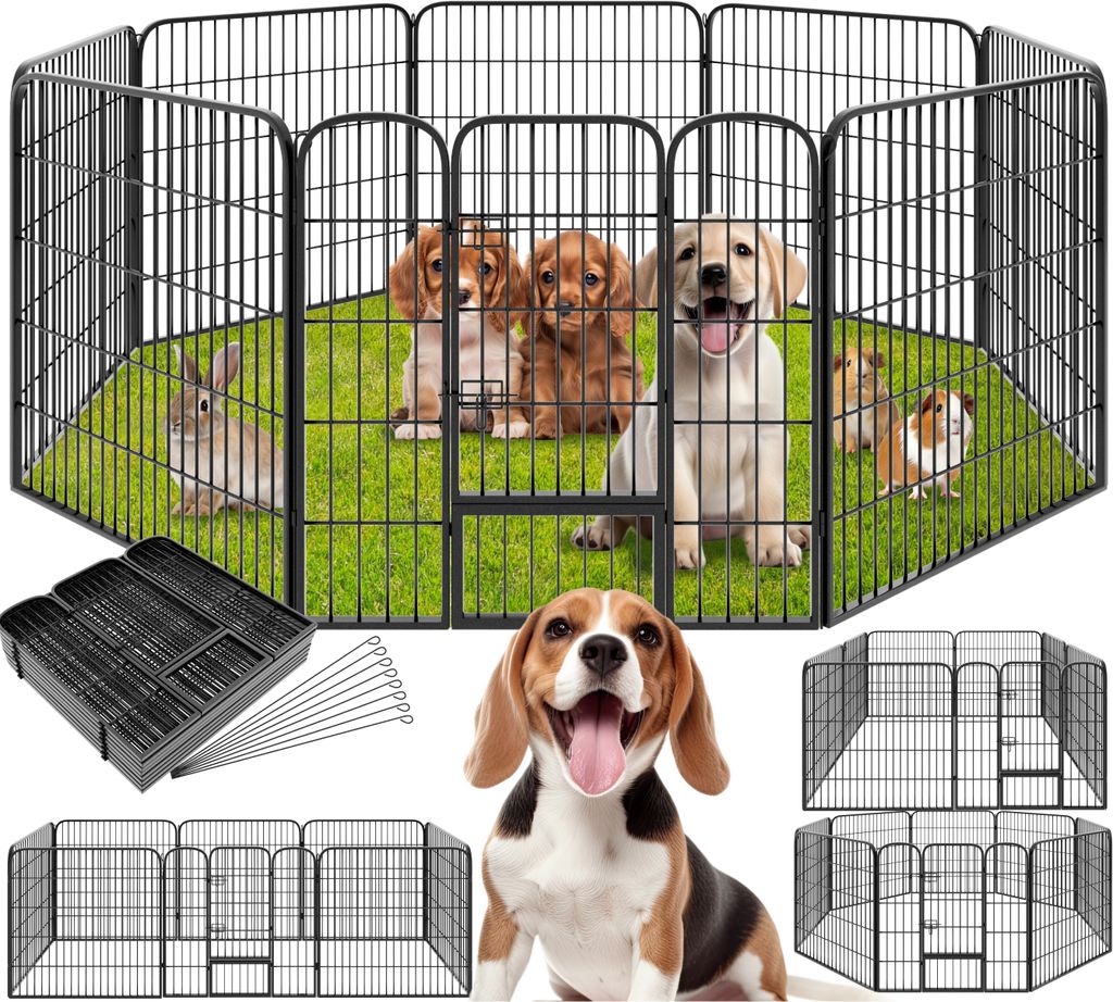 A collage of images showing a black metal pet playpen with various animals inside, including puppies, a rabbit, and a guinea pig. Also shown are accessories like a plastic tray and stakes, and a separate image of a beagle dog.