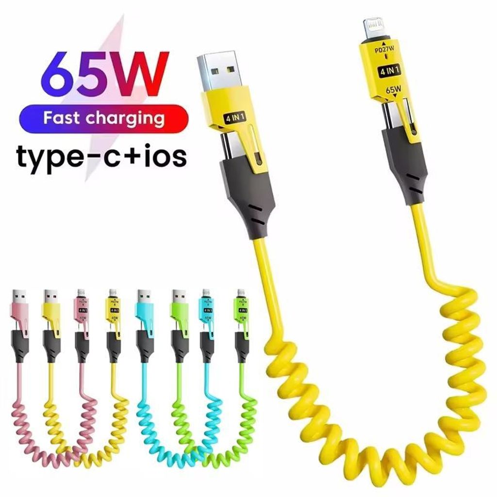 4-teiliges 65-W-Schnellladegerät mit Feder-USB-Kabel, 4-in-1-Feder-Datenkabel, 6 A USB Typ C, Feder-Teleskopkabel für iPhone, iPad, MacBook, Huawei