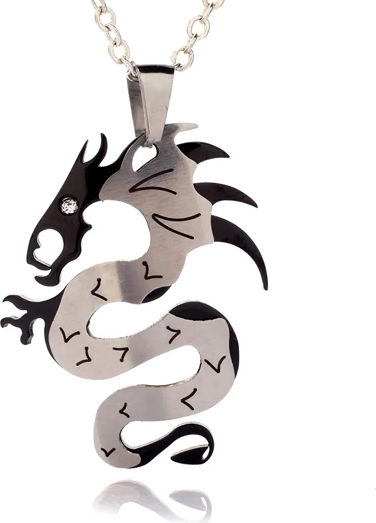 Ciondolo Drago Mitologico Nero e Pietra Bianca - Acciaio Inossidabile