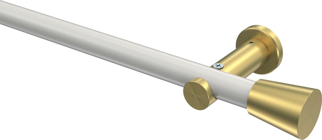 Interdeco Gardinenstange / Vorhangstange Weiß / Messing-Optik, Typ Platon Sitra (Konus) ohne Ringe, 20 mm Ø 1-läufig, 180 cm