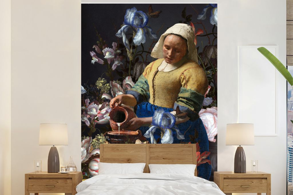 MuchoWow Fototapete für Wohnzimmer oder Schlafzimmer Wandtapete Vinyl Motivtapete Milchmädchen - Johannes Vermeer - Blumen - 180x280 cm - Wallp...