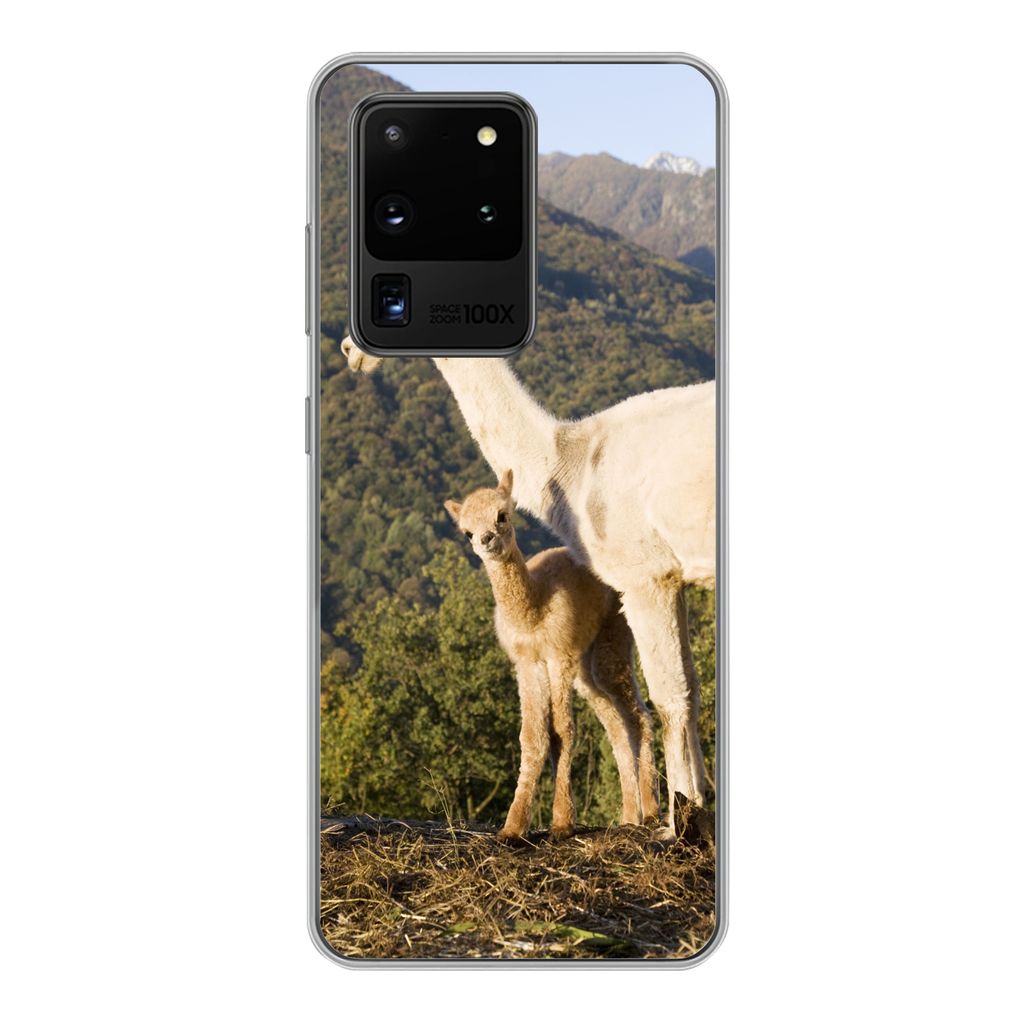 MuchoWow Handyhülle Schutzhülle Hülle für Samsung Galaxy S20 Ultra Alpakas - Berge - Natur Silikon Softcase Handy Hülle - Karteninhaber