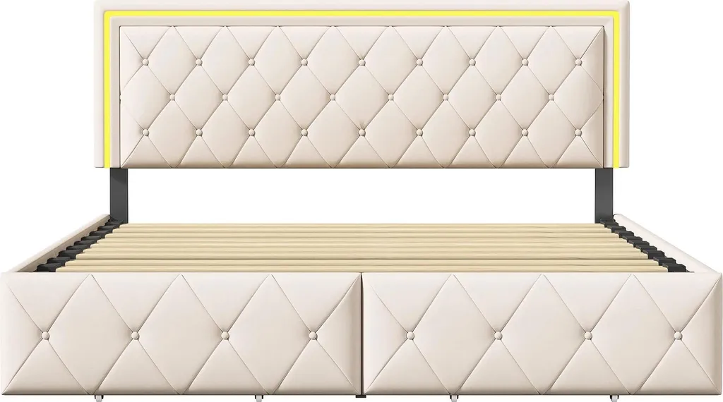 Lit double 140x200 beige : fini le désordre avec ses 4 tiroirs et LED
