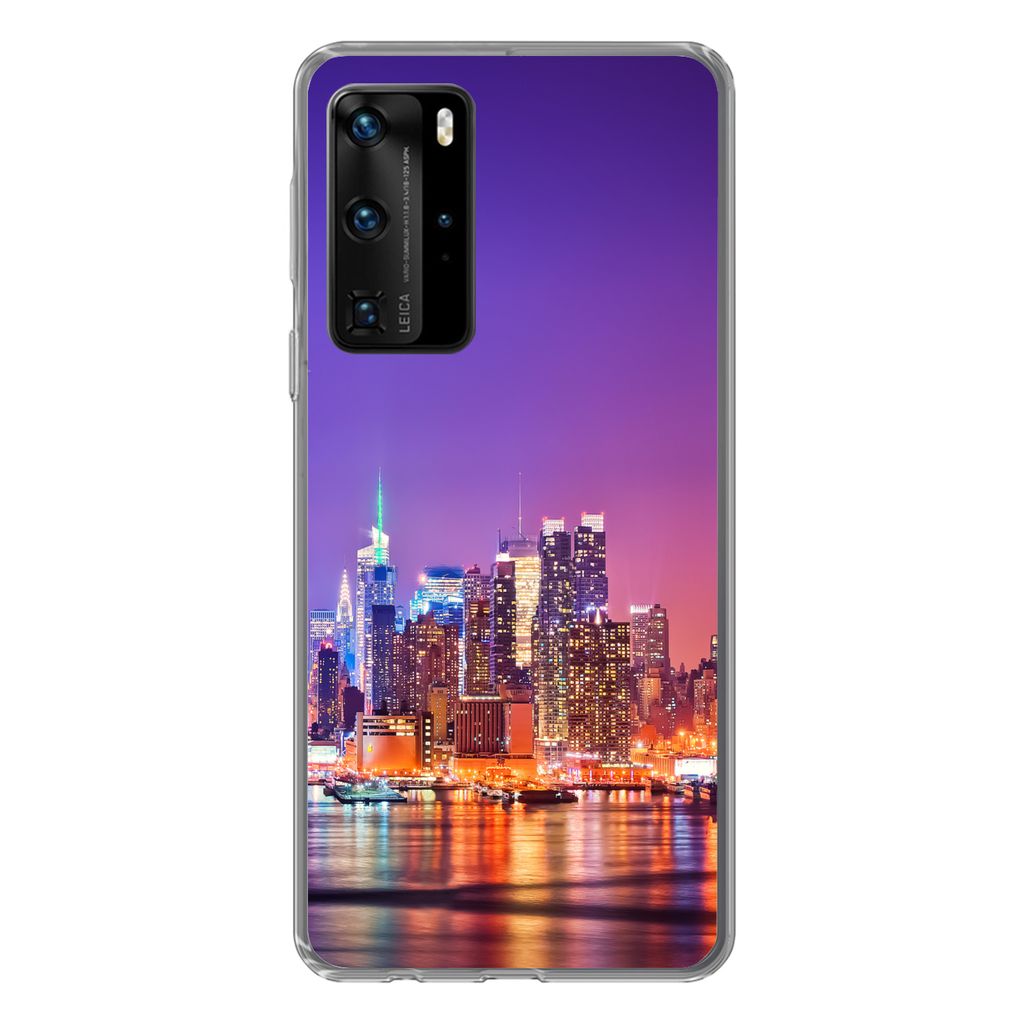 MuchoWow Handyhülle Schutzhülle Hülle für Huawei P40 Pro New York - Skyline - Lila Silikon Softcase Handy Hülle - Schutz