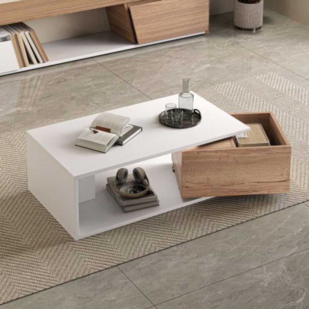 90*50*30 cm Wohnzimmertisch, 360° drehbar, Tisch mit 1 Ladestation, hochglänzender Wohnzimmertisch mit offener Aufbewahrung, Tisch, Sideboard, we...