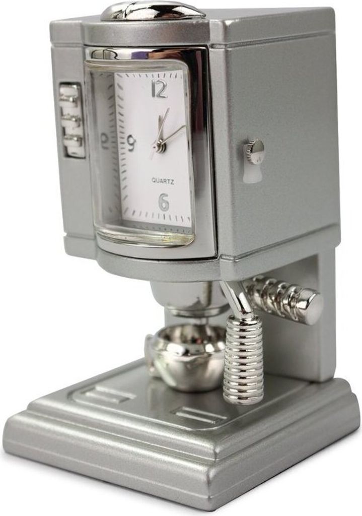 Designer Tischuhr Kaffeemaschine silber aus Metall