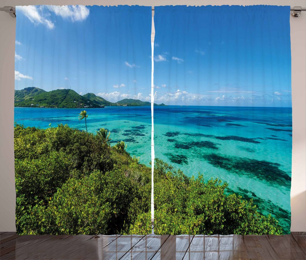 ABAKUHAUS Küsten Rustikaler Gardine, Grüne Bäume Clear Water, Schlafzimmer Kräuselband Vorhang mit Schlaufen und Haken, 280 x 175 cm, Blau Tür...