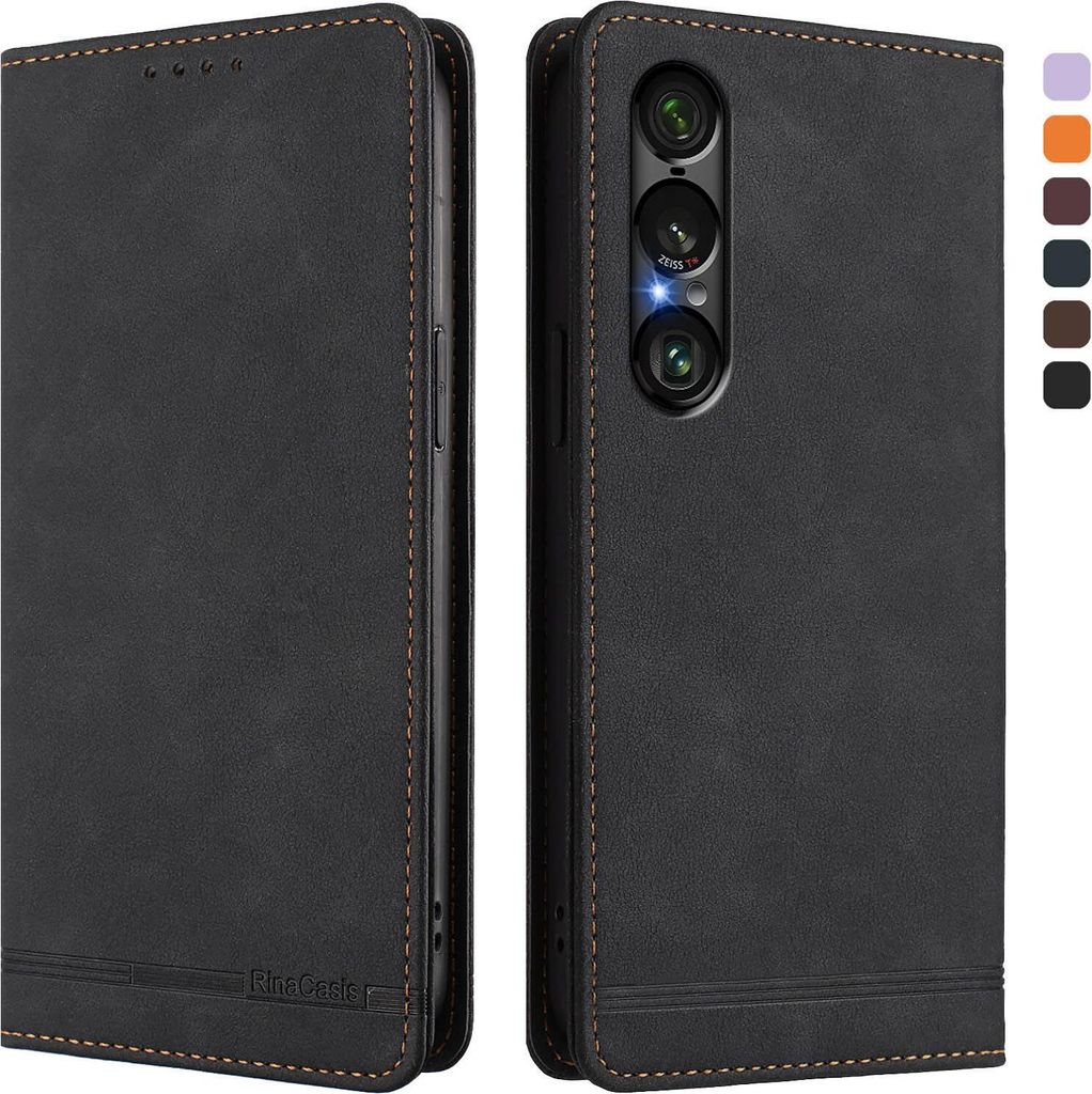 Hülle für Sony Xperia 1 VII, Retro Kunstleder Ständer Klapphülle mit Kartenfächer und Magnetische Schwarz