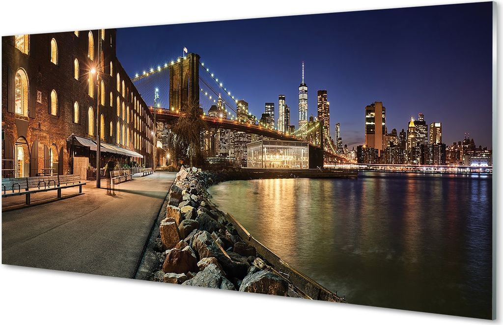 Glasbilder 100x50 Wandkunst Nachtfluß Wolkenkratzer