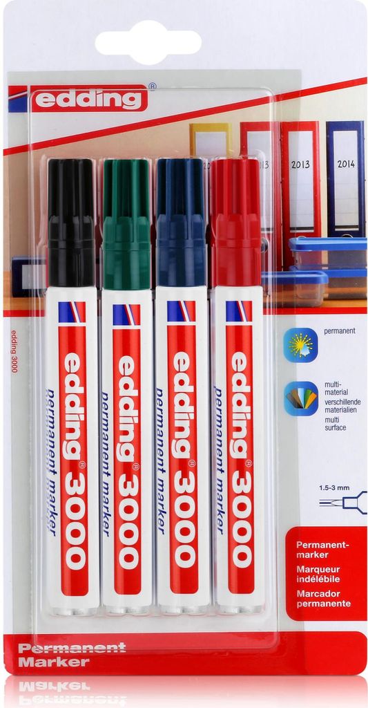 edding 3000 Permanent Marker 4er schwarz, rot, grün, blau 1,5-3mm (1er Pack)