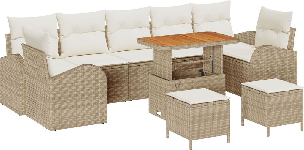 Möbel 10-teiliges Garten Sofa Set mit Kissen Beige Poly Rattan Akazie, 2-Sitzer Garten Sofa mit Kissen Beige Poly Rattan, 3-teiliges Garten Esstis...