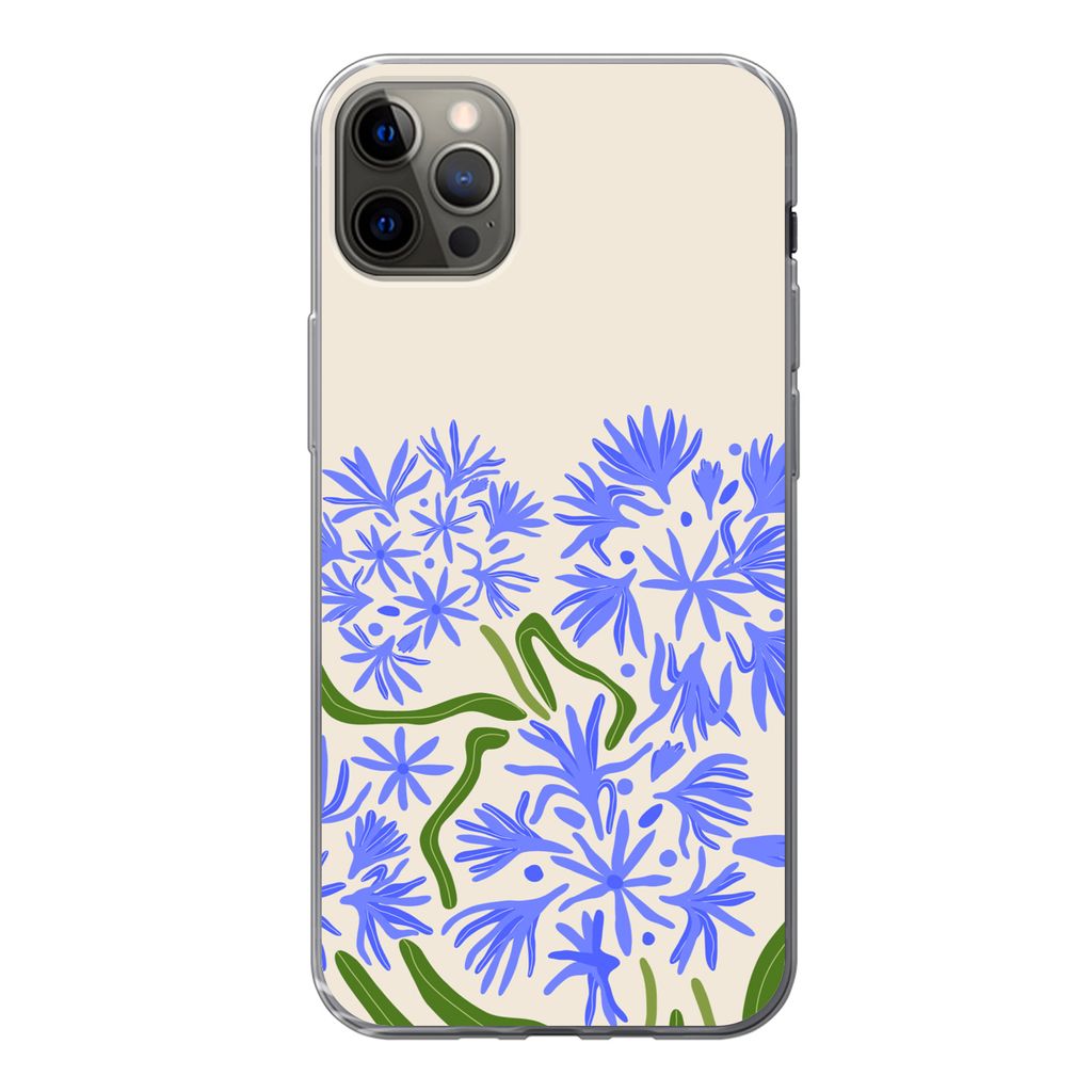 MuchoWow Handyhülle Schutzhülle Hülle für iPhone 12 Pro Max Blume - Blau - Blatt - Einfach Silikon Softcase Handy Hülle - Hartschale