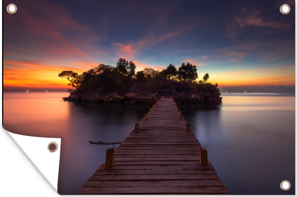 MuchoWow 90x60 cm Outdoor-Poster Gartendeko Sichtschutz Garten Poster für den Garten Sonnenuntergang - Brücke - Bäume - Wasser - Insel