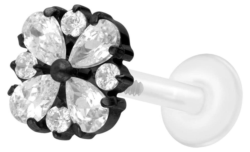 Ohrpiercing, Nasenpiercing PTFE Labret mit Innengewinde + Titan-Aufsatz KRISTALLORNAMENT Schwarz Stablänge: 10mm | Stabstärke: 1,2mm