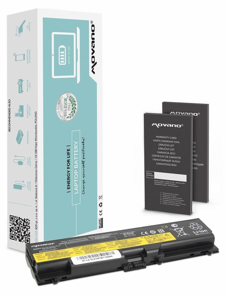 A product shot of a laptop battery and its packaging, along with two warranty cards.