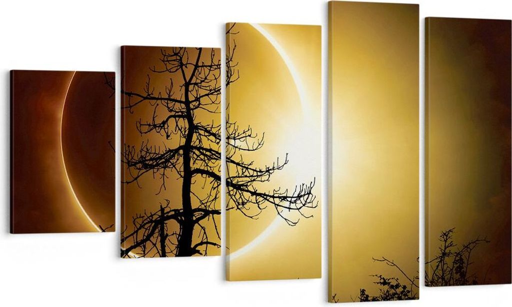 Bild auf Leinwand - Leinwandbild - 5 Teile - Sonnenfinsternis die Sonne Baum - 100x60cm - Wand Bild - Wanddeko - Wandbilder - Leinwanddruck - Bilde...