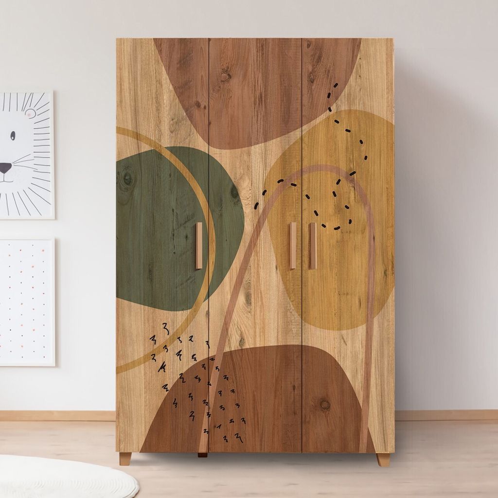 A wooden wardrobe with abstract art on its doors, standing in a room with two framed pictures on the wall.