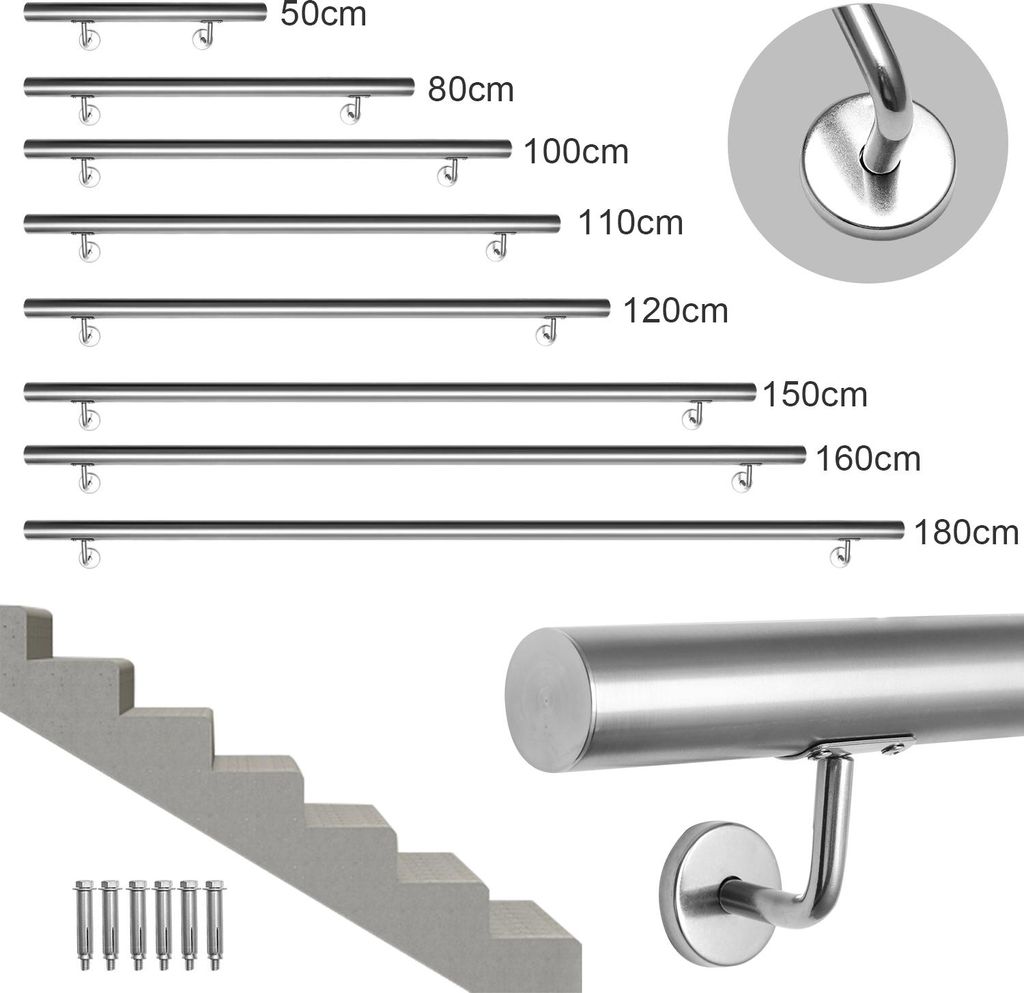 Aopunly Edelstahl Handlauf Geländer Treppengeländer 50 cm Montagematerial Wandhandlauf Wandhalterung Innen &Außen Geländer