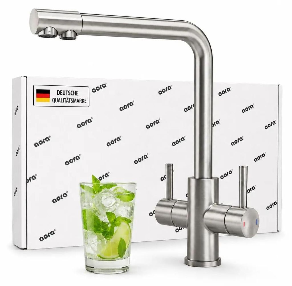 VANTO INOX 3-Wege-Wasserhahn L-Auslauf – Küchenarmatur Edelstahl für gefiltertes Trinkwasser