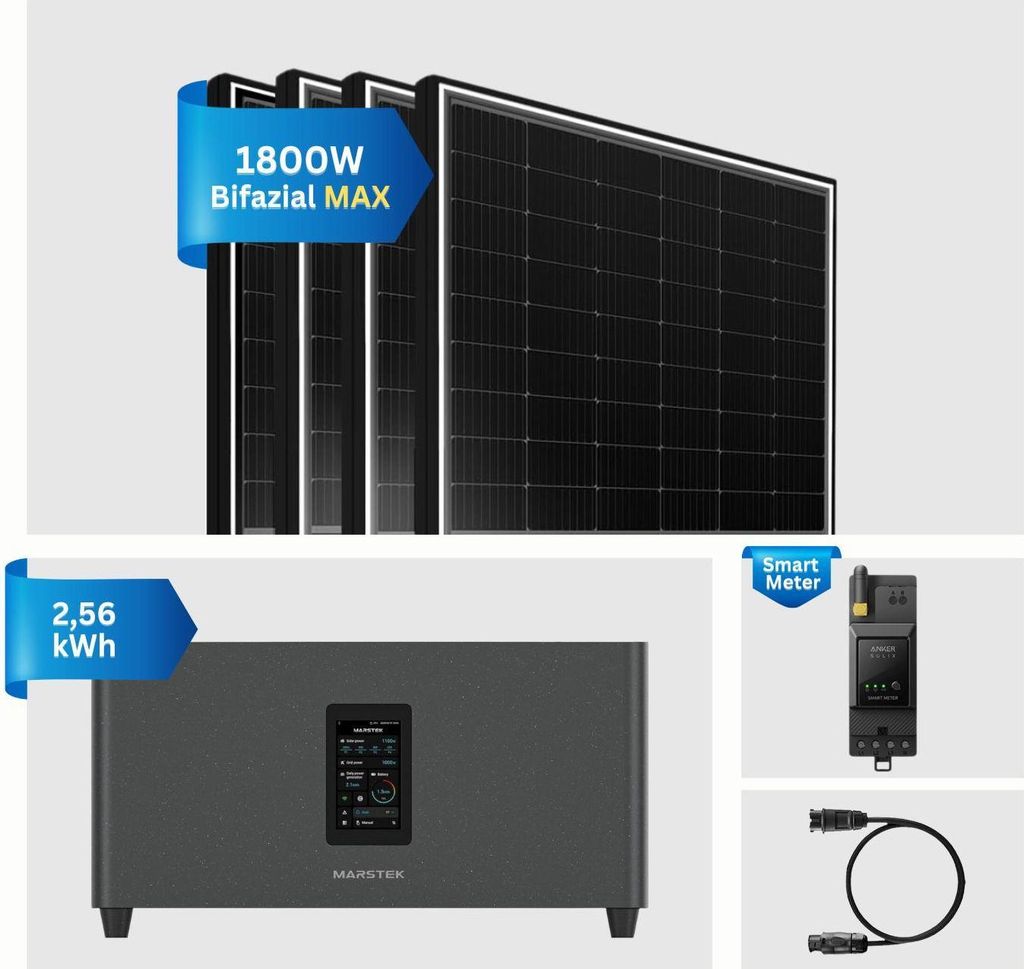 Balkonkraftwerk 1800W mit Speicher Marstek Jupiter C+ 2560W, 4x450W Glas-Glas Solarmodule mit 2,56kwh Stromspeicher, Bifazial Solarpanel bis zu 234...
