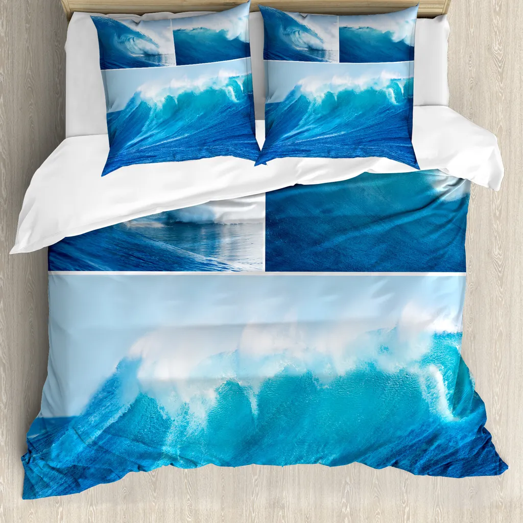 Set Copripiumino Matrimoniale ABAKUHAUS Onde Oceaniche Blu Antiacaro